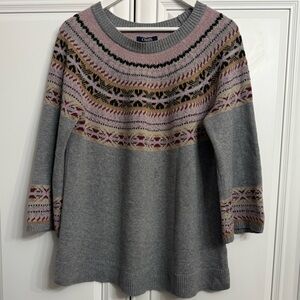 Chaps L Crew Neck Grey 3/4 Length Sleeve Loose Fit + Sleeve Fair Isle Sweater